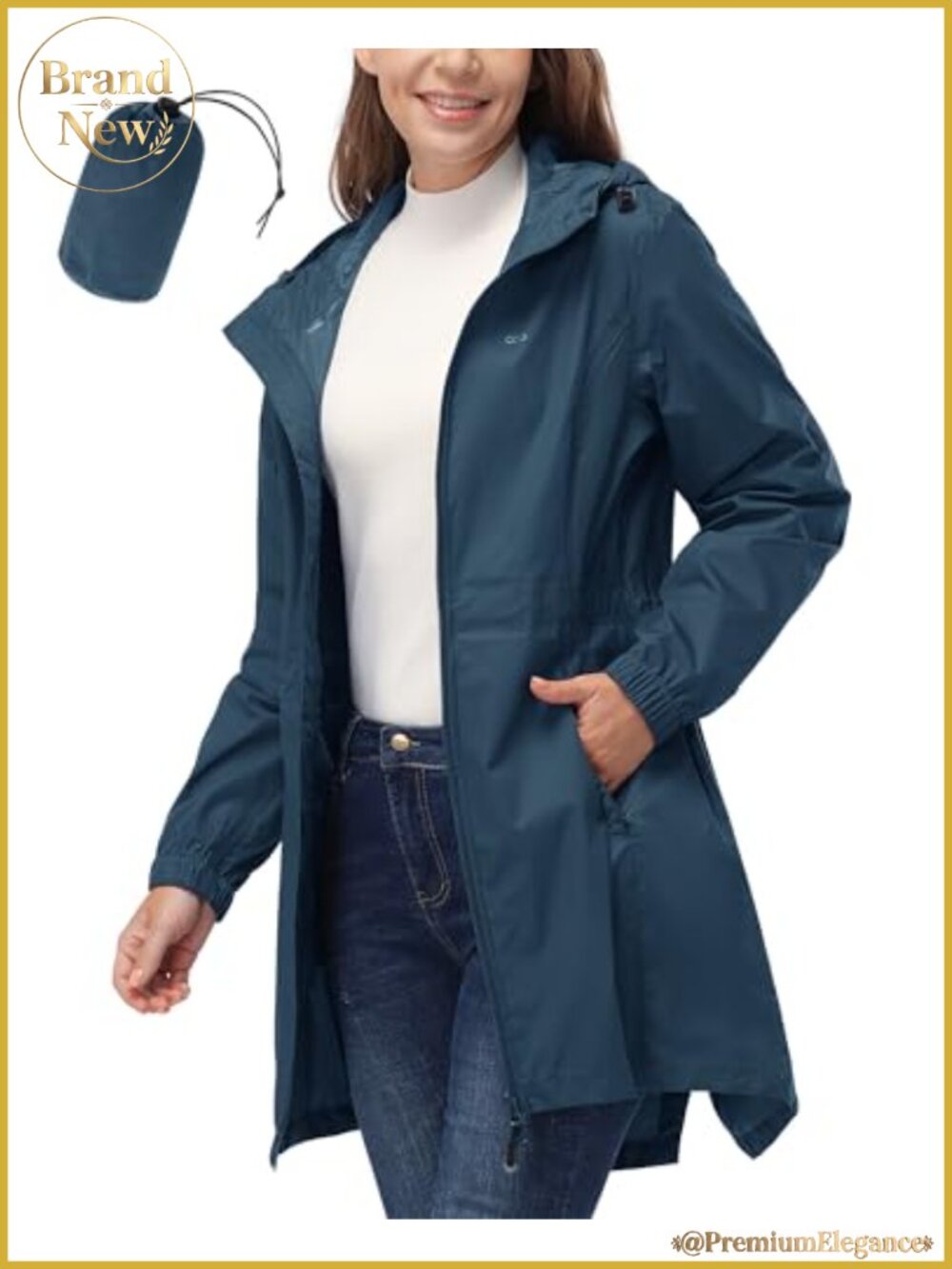 Women's Waterproof Long Raincoat Hooded Packable Lightweight Breathable